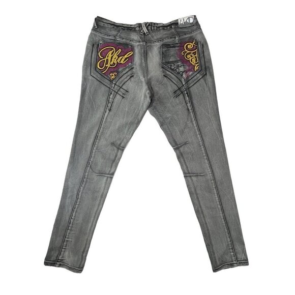 AKADEMIKS Black Wash Distressed Skinny Jeans Size 7 Low-Rise Embroidered Hip-Hop - Picture 11 of 16